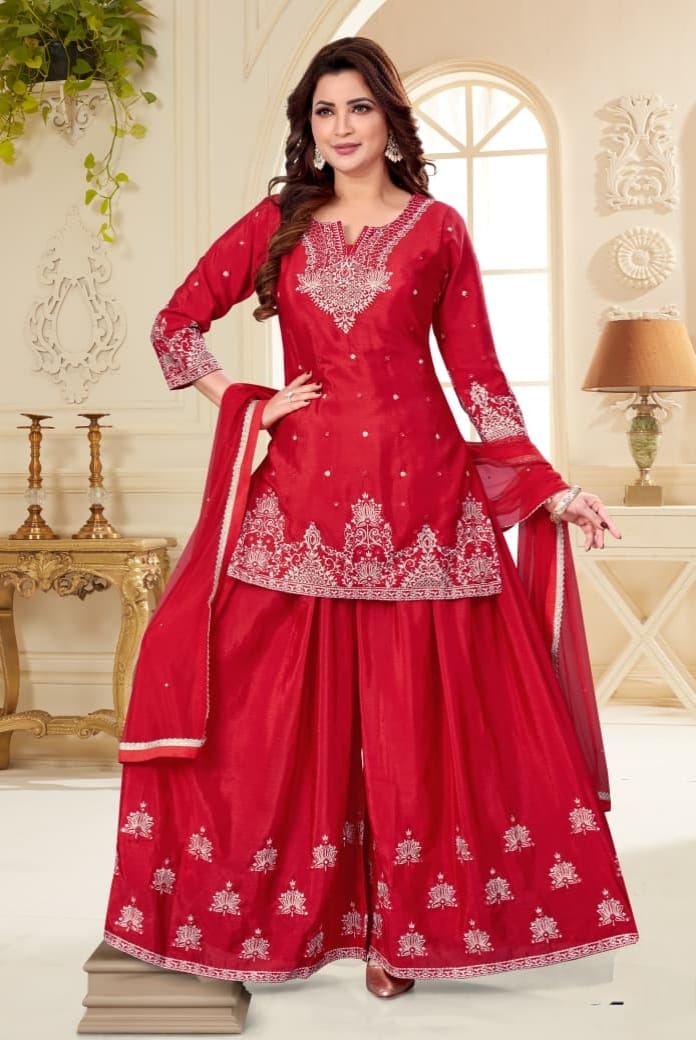 Shree Shanti Selection - Women's Red Embroidered Sharara Suit with Silver Work